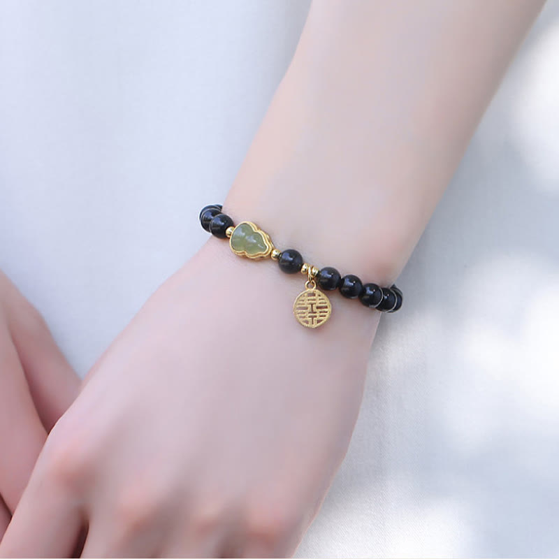 EverestArtstudios Natural Black Obsidian Hetian Jade Gourd Double Happiness Strength Bracelet