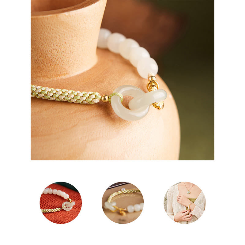 EverestArtstudios Natural Hetian Jade Bead Double Peace Buckle Fu Character Abundance Braided Bracelet