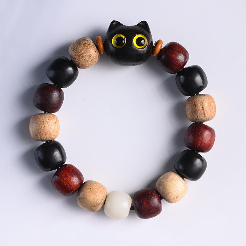 EverestArtStudios Petite Leaf Red Sandalwood Ebony Wood Adorable Feline Carved Safeguard Wristband