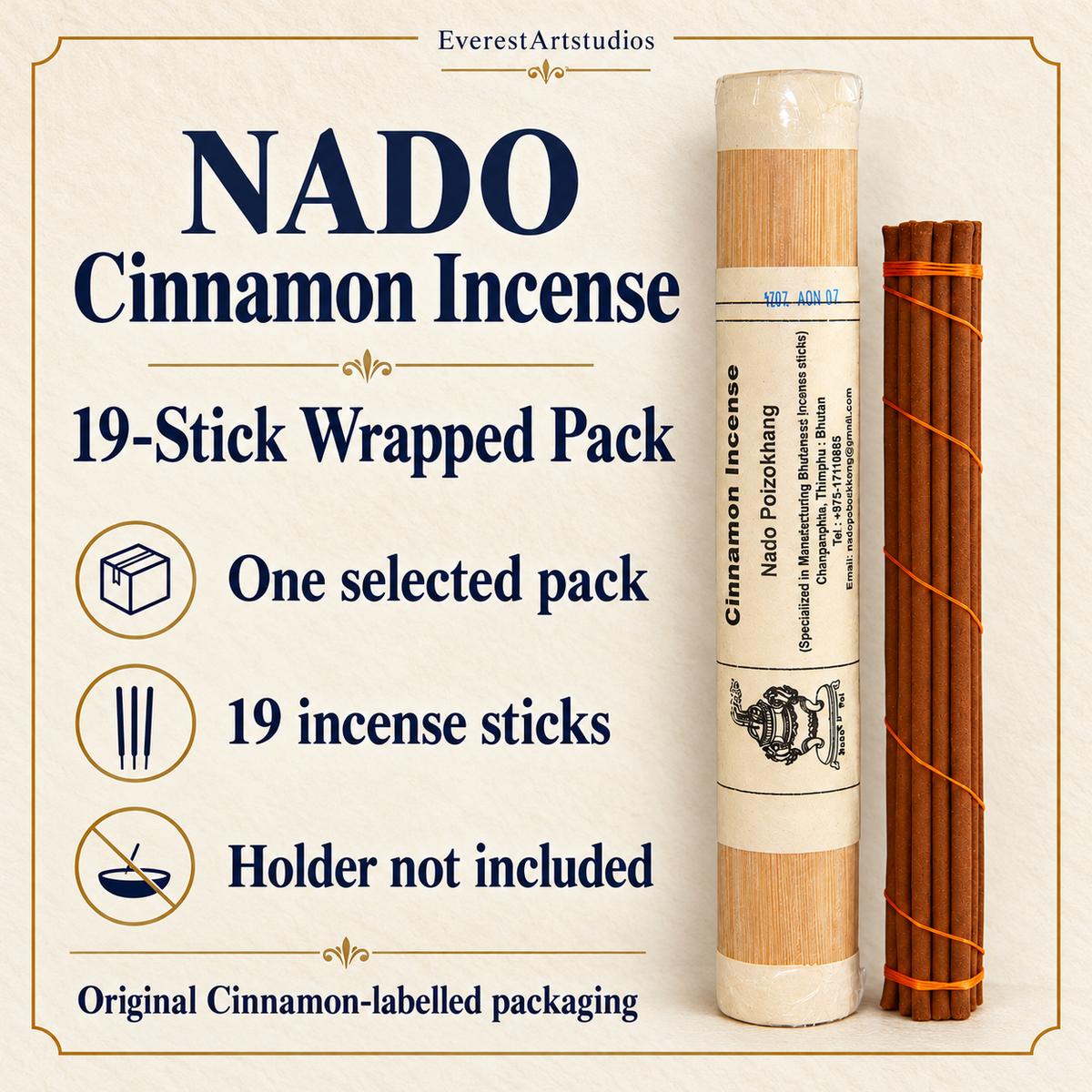 NADO Cinnamon incense, 19-stick wrapped pack packaging