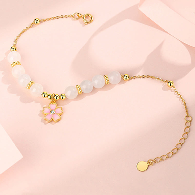 EverestArtstudios 925 Sterling Silver Hetian White Jade Cherry Blossom Protection Bracelet