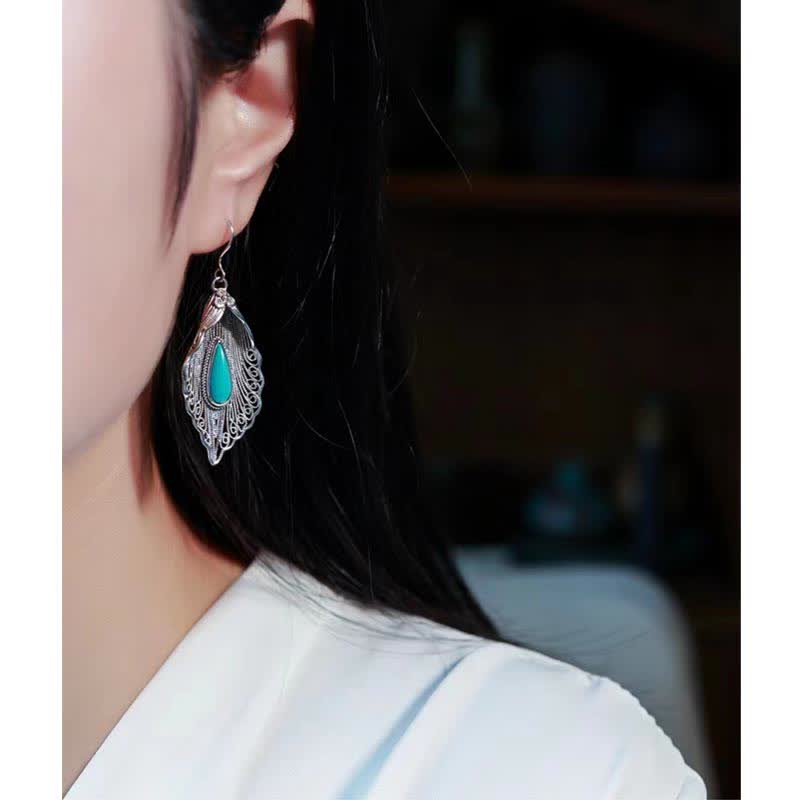 EverestArtStudios 925银绿松石菩提叶纹护身坠式耳环