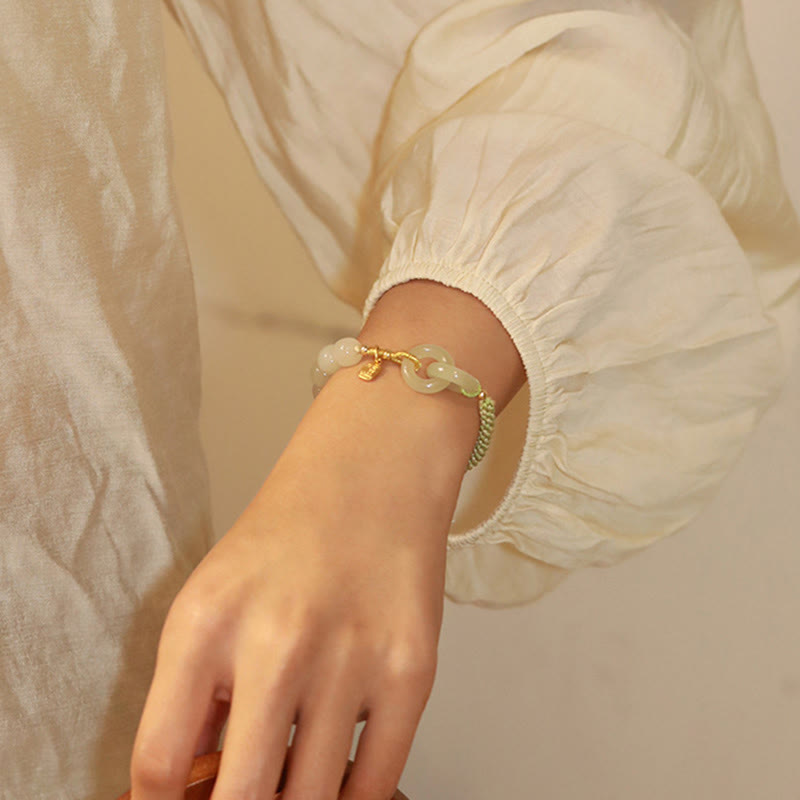 EverestArtstudios Natural Hetian Jade Bead Double Peace Buckle Fu Character Abundance Braided Bracelet