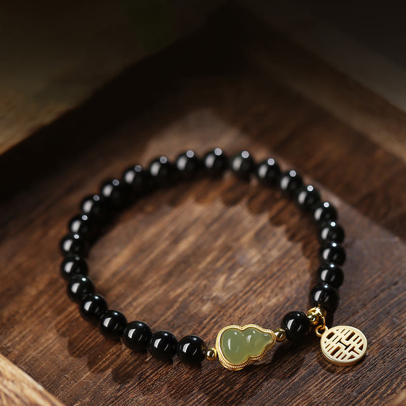 EverestArtstudios Natural Black Obsidian Hetian Jade Gourd Double Happiness Strength Bracelet