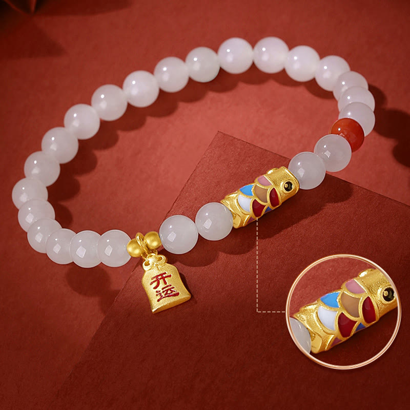 EverestArtstudios 925 Sterling Silver Hetian White Jade Red Agate Koi Fish Luck Happiness Bracelet