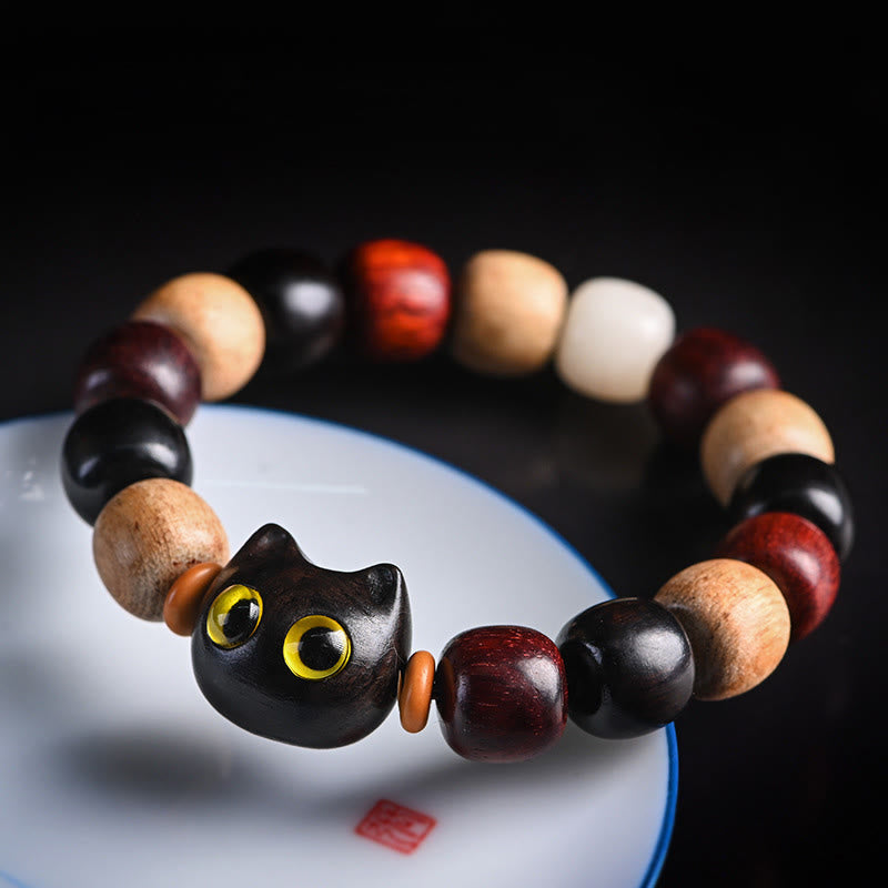 EverestArtStudios Petite Leaf Red Sandalwood Ebony Wood Adorable Feline Carved Safeguard Wristband
