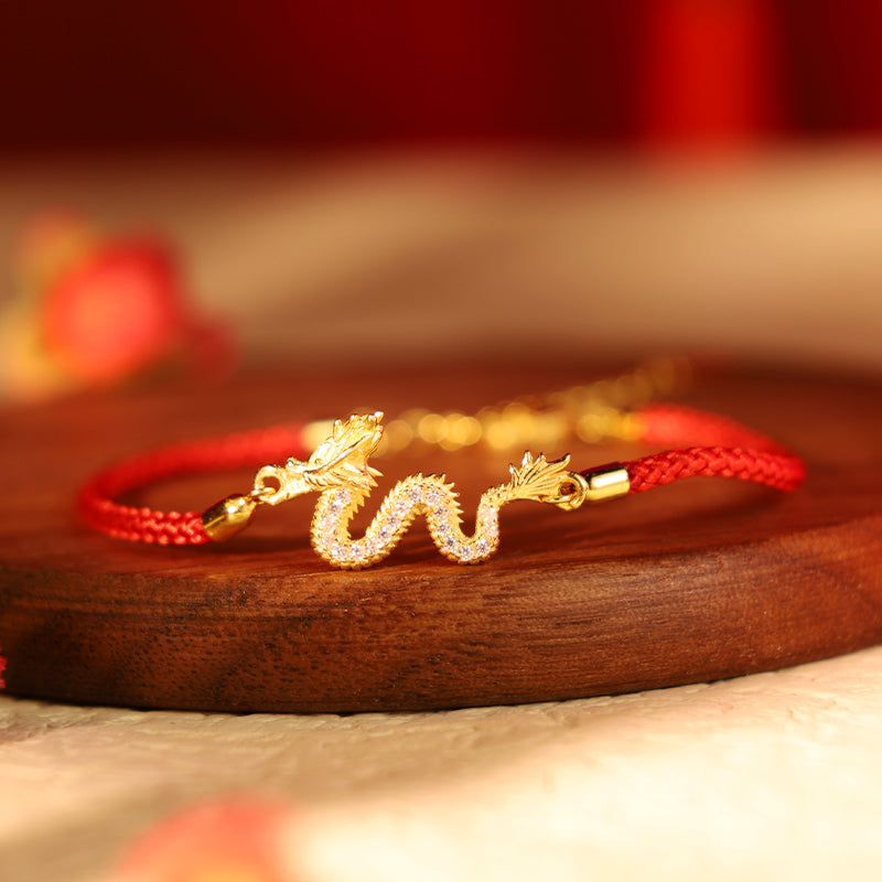EverestArtStudios 925 Sterling Silver Year Of The Dragon Auspicious Golden Dragon Luck Red Rope Chain Bracelet