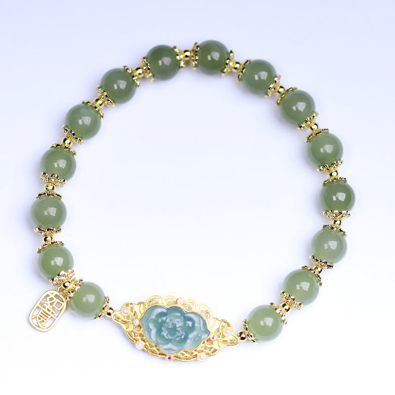 EverestArtstudios 925 Sterling Silver Plated 14K Gold Hetian Jade Lotus Luck Bracelet