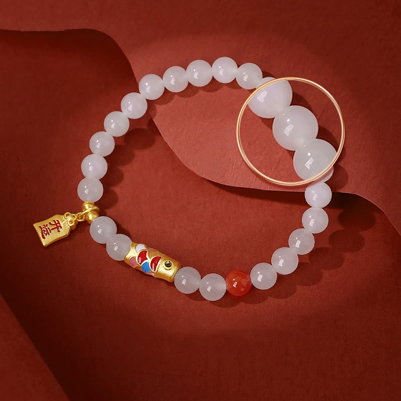 EverestArtstudios 925 Sterling Silver Hetian White Jade Red Agate Koi Fish Luck Happiness Bracelet