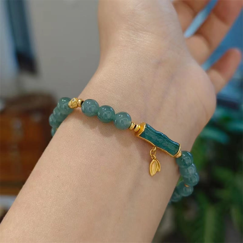 EverestArtstudios 925 Sterling Silver Plated Gold Natural Green Jade Bamboo Charm Luck Bracelet