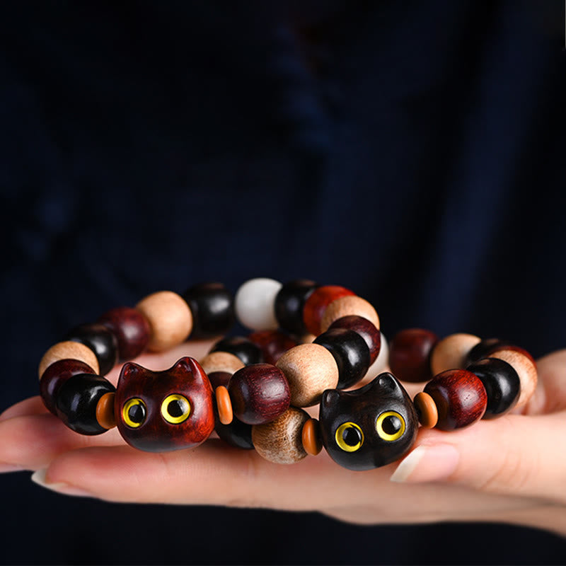 EverestArtStudios Petite Leaf Red Sandalwood Ebony Wood Adorable Feline Carved Safeguard Wristband