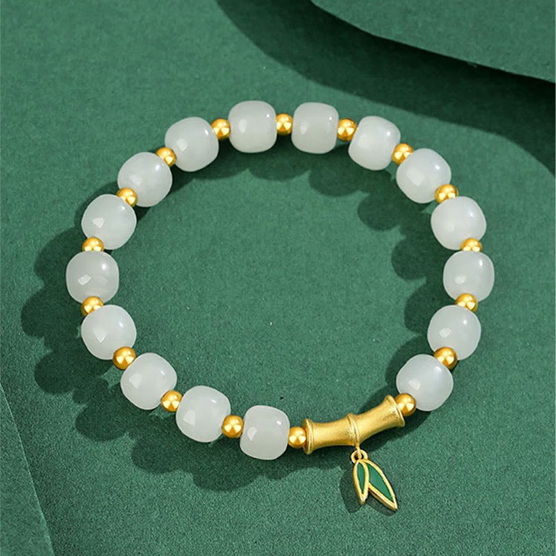 EverestArtstudios 925 Sterling Silver Hetian White Jade Bamboo Luck Bracelet