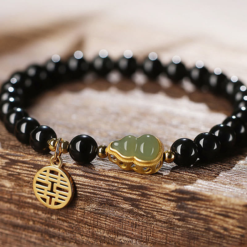 EverestArtstudios Natural Black Obsidian Hetian Jade Gourd Double Happiness Strength Bracelet