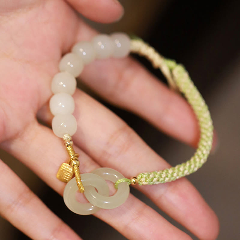 EverestArtstudios Natural Hetian Jade Bead Double Peace Buckle Fu Character Abundance Braided Bracelet