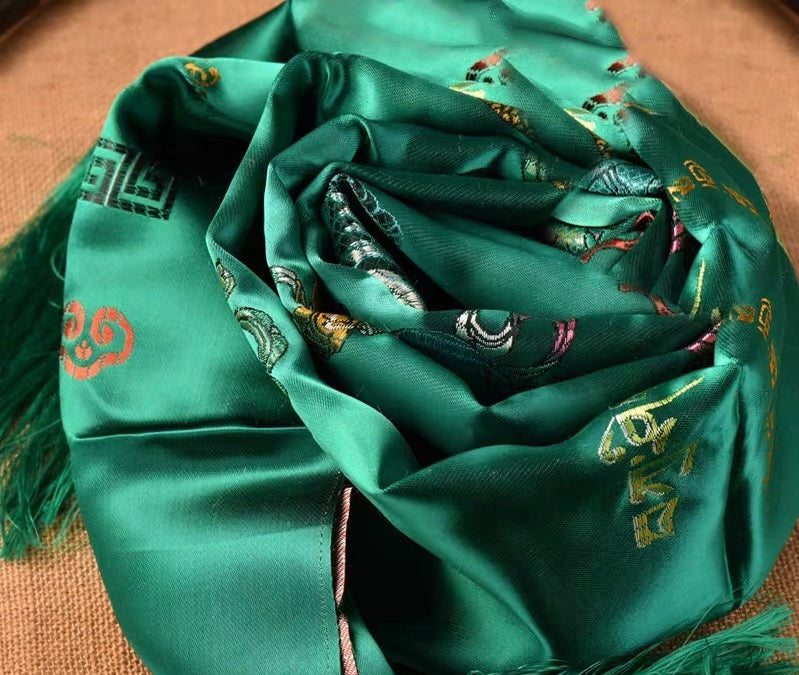 绿色刺绣藏式哈达（吉祥八宝款）