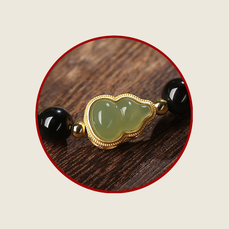 EverestArtstudios Natural Black Obsidian Hetian Jade Gourd Double Happiness Strength Bracelet