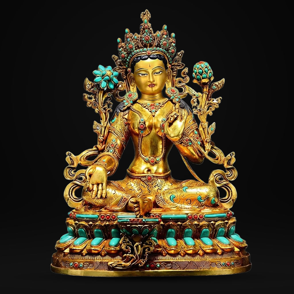 Full Gilded Green Tara Statue | Copper Buddhist Deity with Gem Inlay