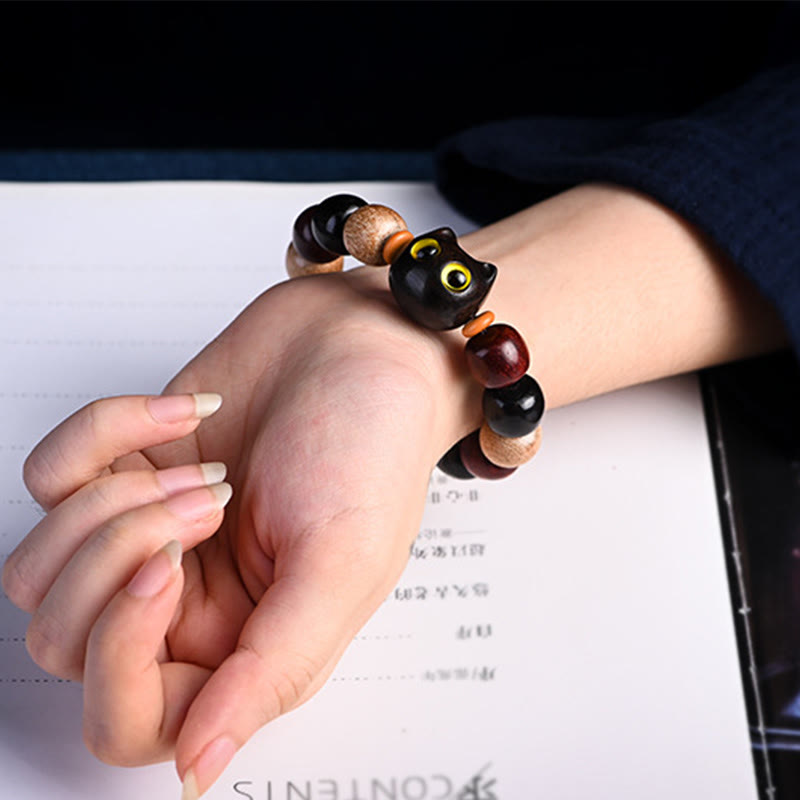 EverestArtStudios Petite Leaf Red Sandalwood Ebony Wood Adorable Feline Carved Safeguard Wristband