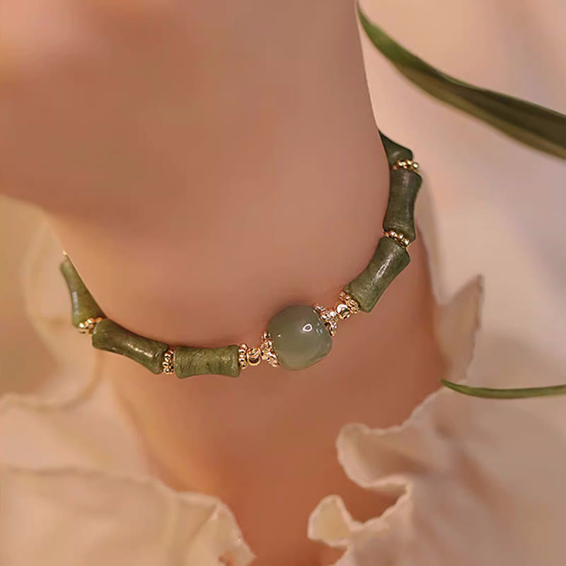EverestArtStudios 14K 鍍銅橄欖石和田玉竹節招財手鍊