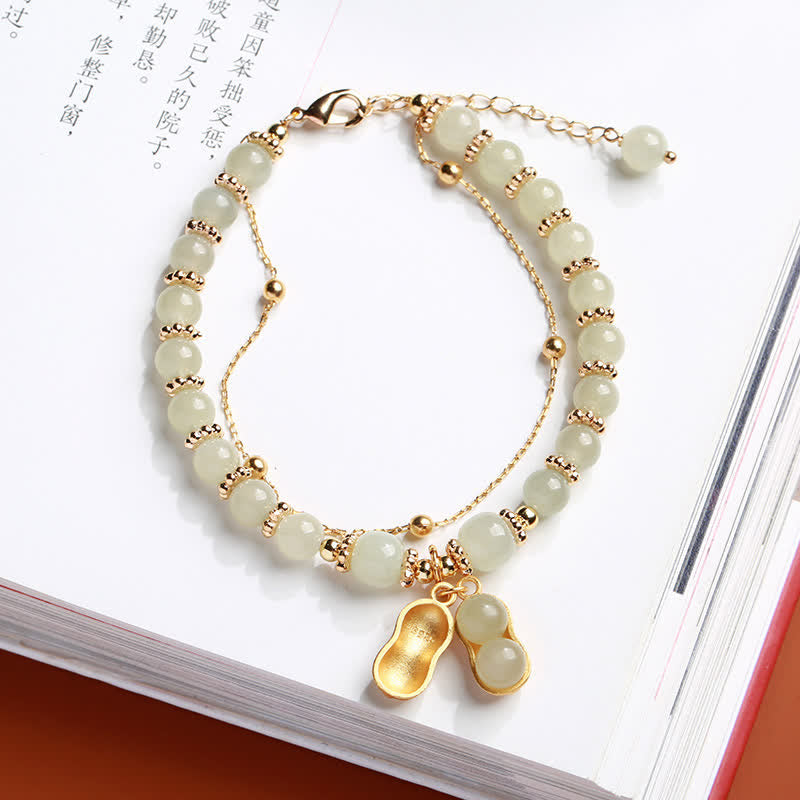 EverestArtstudios 925 Sterling Silver Natural Hetian Jade Good Things Happen Peanut Charm Bracelet