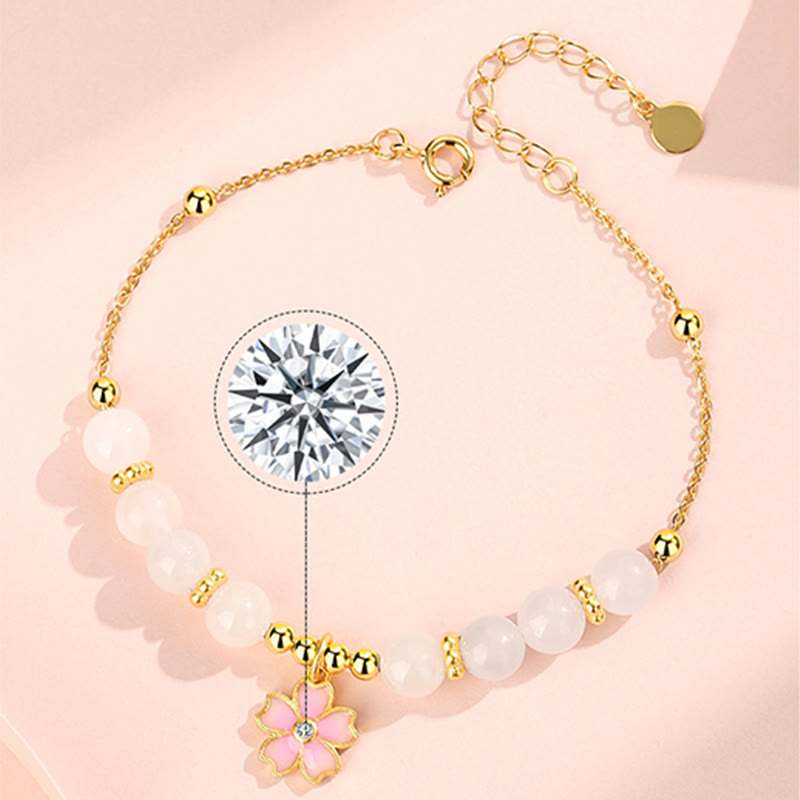 EverestArtstudios 925 Sterling Silver Hetian White Jade Cherry Blossom Protection Bracelet