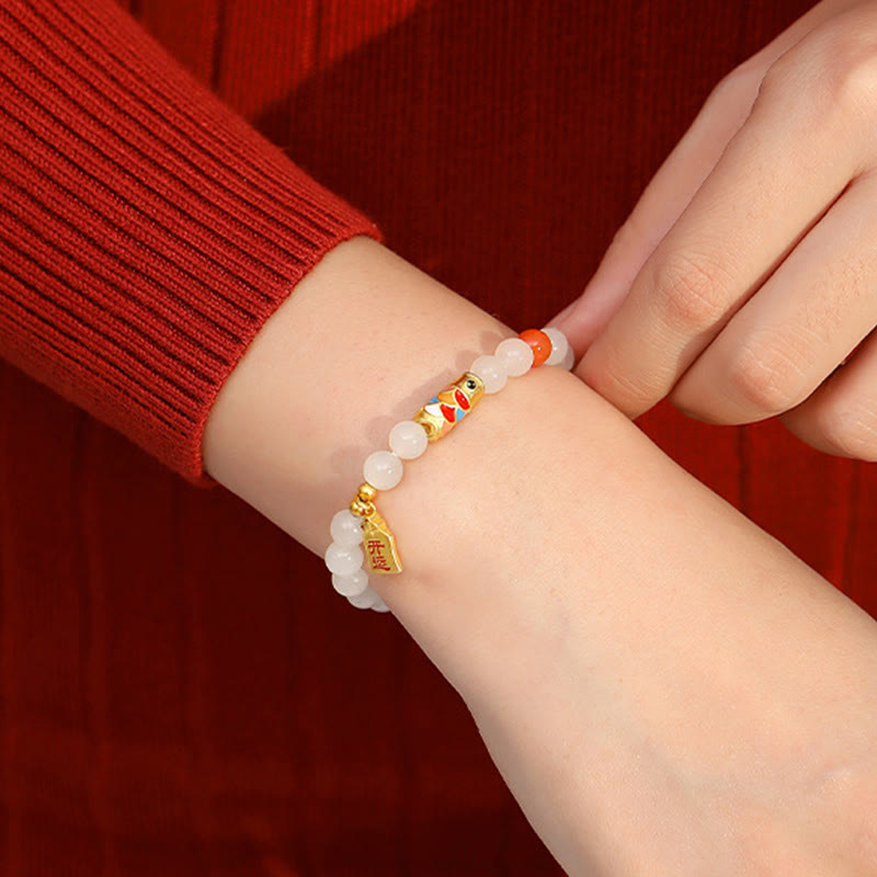 EverestArtstudios 925 Sterling Silver Hetian White Jade Red Agate Koi Fish Luck Happiness Bracelet