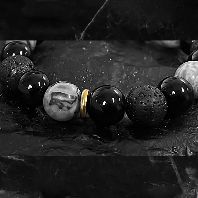 EverestArtStudios Black Obsidian Volcanic Stone Yin Yang Power Bracelet