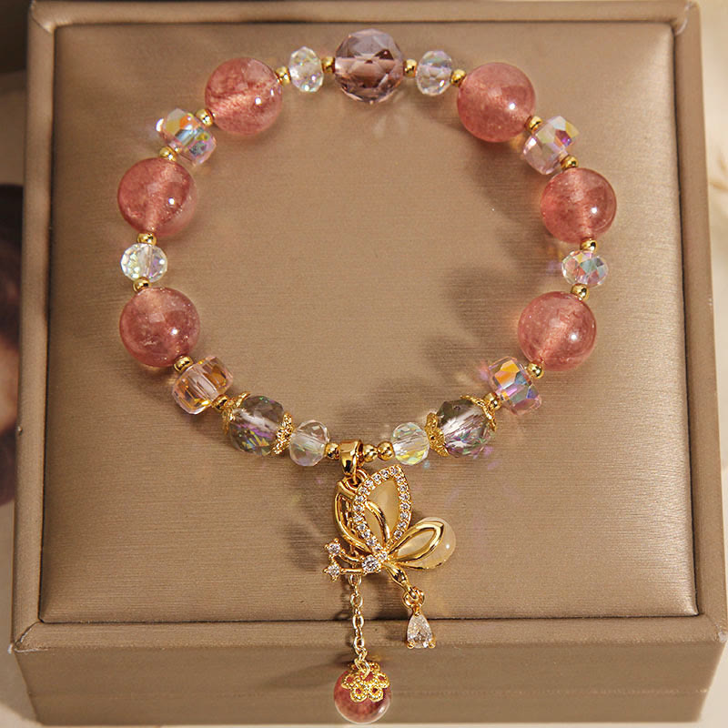 EverestArtStudios Genuine Strawberry Quartz Therapeutic Uplifting Butterfly Pendant Bracelet