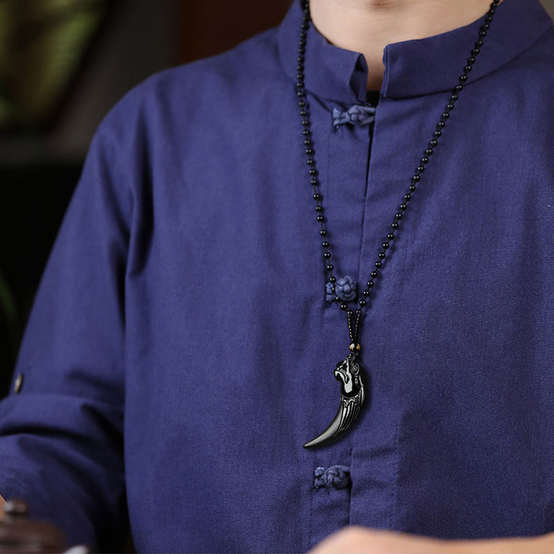 EverestArtstudios Natural Black Jade Chinese Zodiac Dragon Tooth Pattern Protection Necklace Pendant