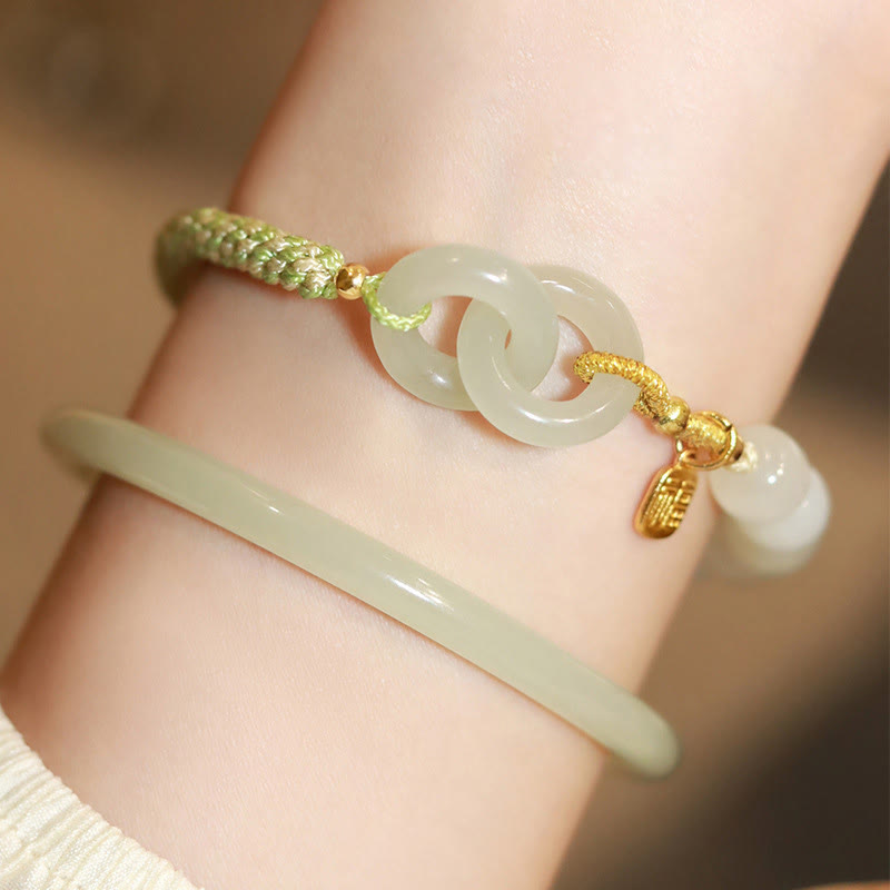 EverestArtstudios Natural Hetian Jade Bead Double Peace Buckle Fu Character Abundance Braided Bracelet