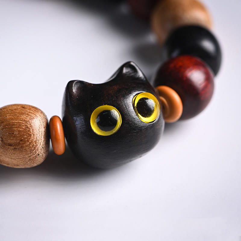 EverestArtStudios Petite Leaf Red Sandalwood Ebony Wood Adorable Feline Carved Safeguard Wristband