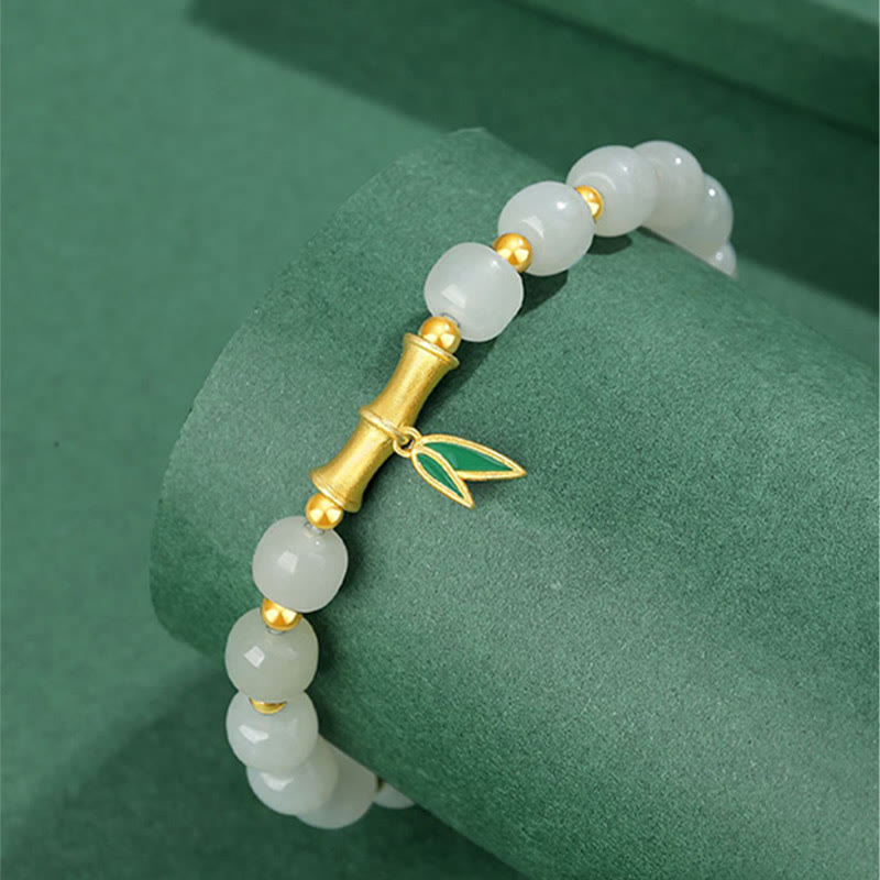 EverestArtstudios 925 Sterling Silver Hetian White Jade Bamboo Luck Bracelet