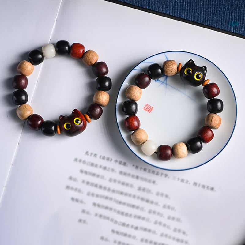 EverestArtStudios Petite Leaf Red Sandalwood Ebony Wood Adorable Feline Carved Safeguard Wristband