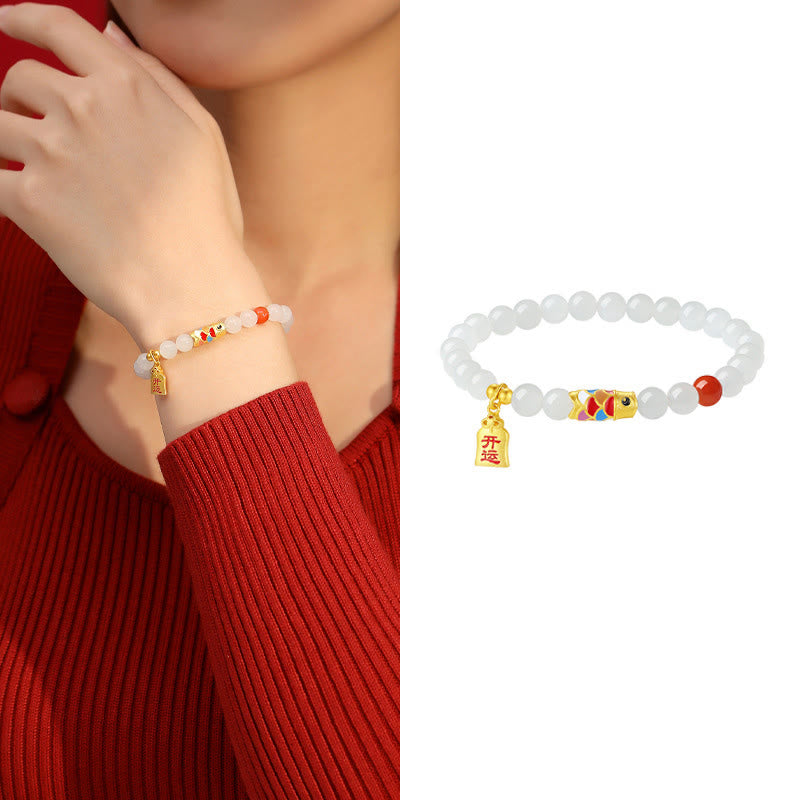 EverestArtstudios 925 Sterling Silver Hetian White Jade Red Agate Koi Fish Luck Happiness Bracelet