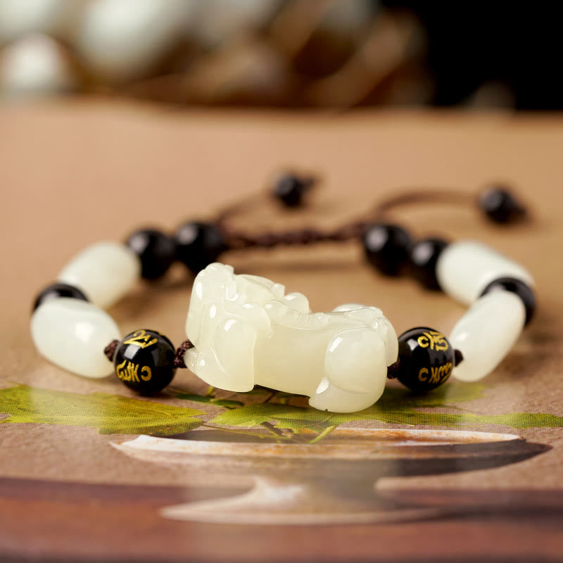 EverestArtstudios Natural Hetian White Jade PiXiu Wealth String Bracelet