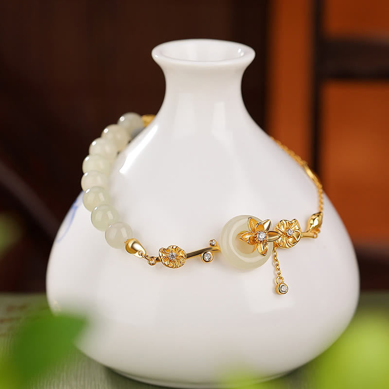 EverestArtstudios 925 Sterling Silver Hetian Jade Peace Buckle Lotus Luck Chain Bracelet