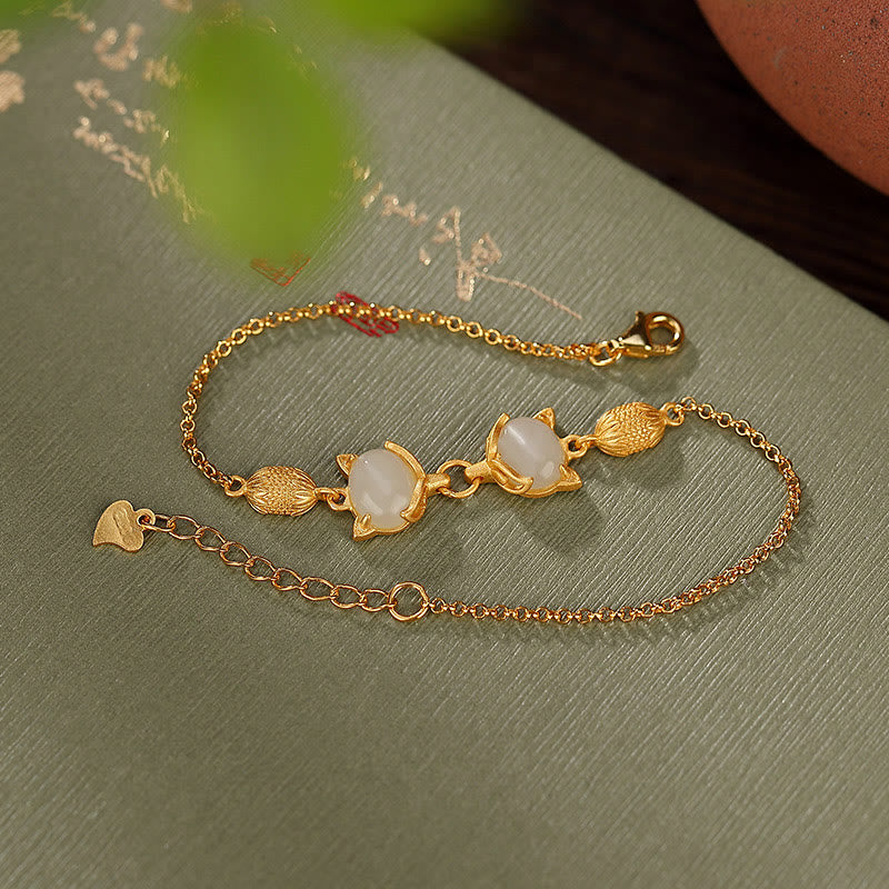 EverestArtstudios 925 Sterling Silver Natural Hetian White Jade Cyan Jade Lovely Fox Luck Bracelet