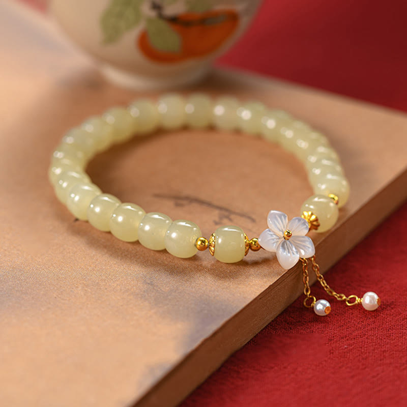 EverestArtstudios 925 Sterling Silver Natural Hetian Jade Luck Flower Bracelet