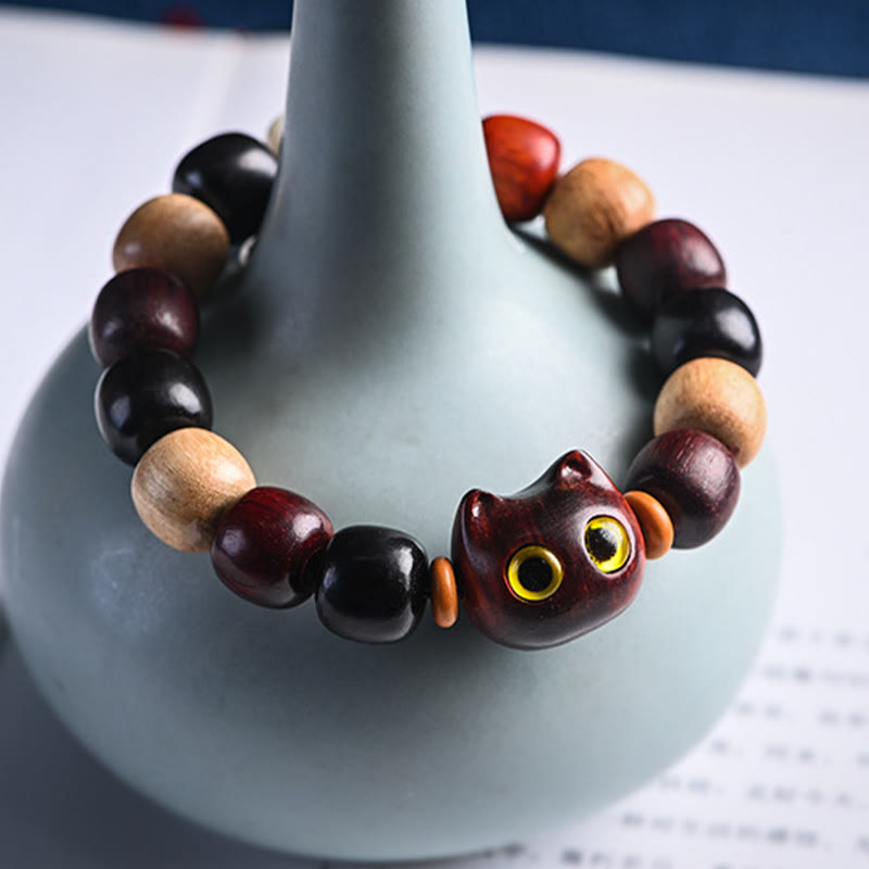 EverestArtStudios Petite Leaf Red Sandalwood Ebony Wood Adorable Feline Carved Safeguard Wristband