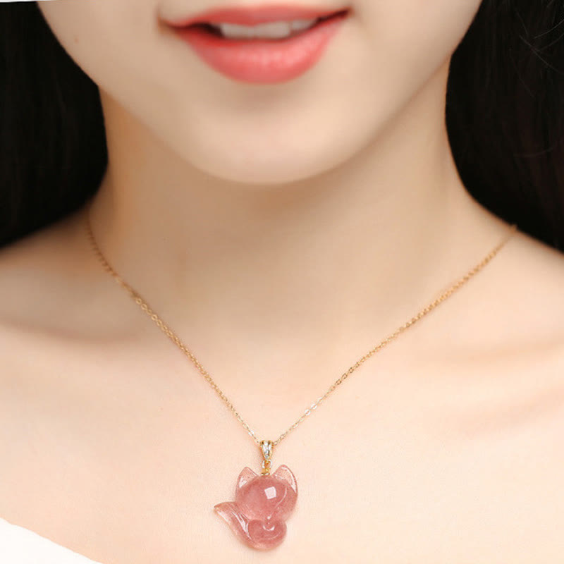 EverestArtstudios 925 純銀鍍 14K 金草莓晶狐狸療癒項鍊墜飾