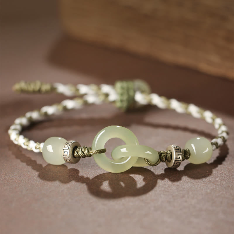 EverestArtstudios Natural Hetian Jade Peace Buckle Luck Braided Bracelet