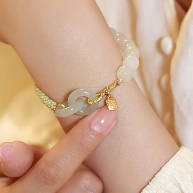 EverestArtstudios Natural Hetian Jade Bead Double Peace Buckle Fu Character Abundance Braided Bracelet