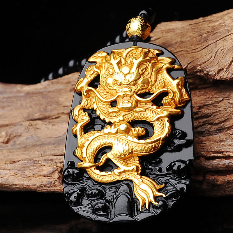 EverestArtstudios 18k Gold-plated Dragon Obsidian Lucky Pendant Necklace
