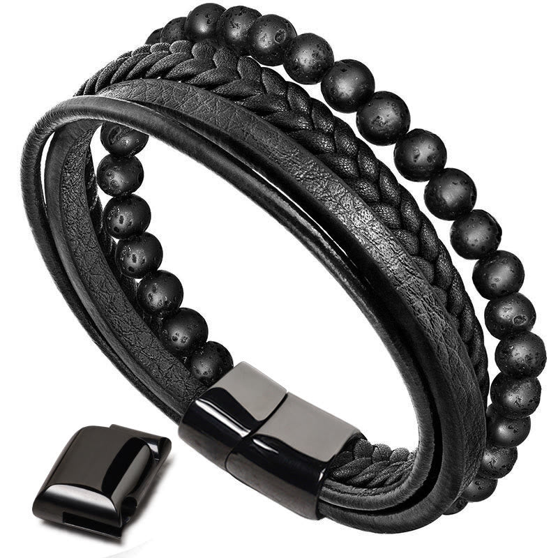 EverestArtStudios Genuine Volcanic Rock Black Agate Stone Wrapped Leather Bracelet