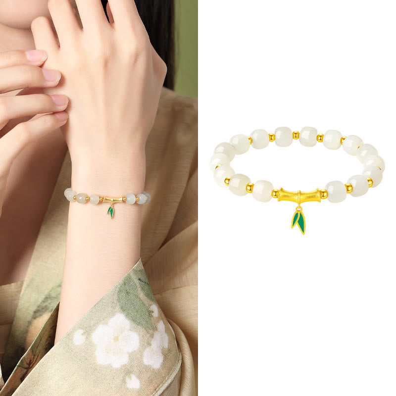 EverestArtstudios 925 Sterling Silver Hetian White Jade Bamboo Luck Bracelet