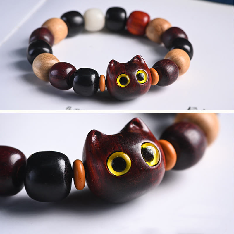 EverestArtStudios Petite Leaf Red Sandalwood Ebony Wood Adorable Feline Carved Safeguard Wristband