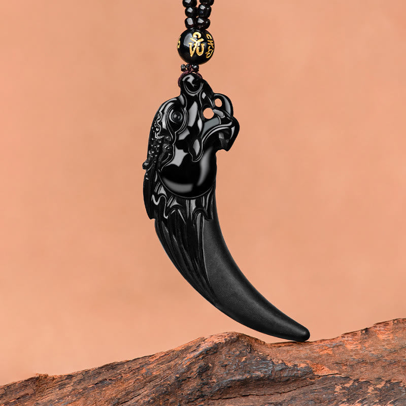 EverestArtstudios Natural Black Jade Chinese Zodiac Dragon Tooth Pattern Protection Necklace Pendant