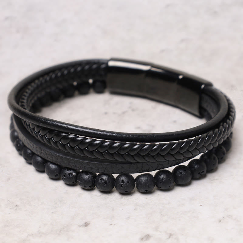 EverestArtStudios Genuine Volcanic Rock Black Agate Stone Wrapped Leather Bracelet