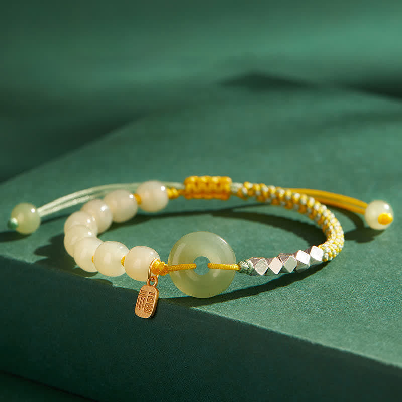 EverestArtstudios 925 Sterling Silver Hetian Jade Peace Buckle Beaded Luck Happiness Charm Bracelet
