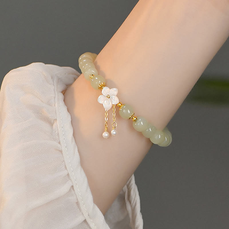 EverestArtstudios 925 Sterling Silver Natural Hetian Jade Luck Flower Bracelet
